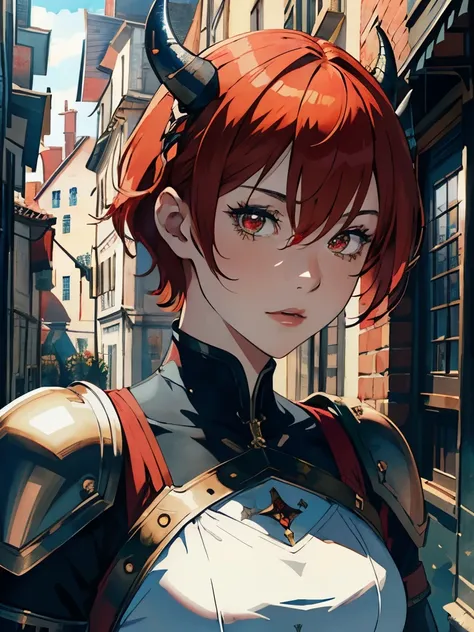 ((masterpiece, best quality)), (1girl, anime girl in medieval city),(mature, devil horn), (solo), (female focus), (red hair, short hair),red eyes, ((scaled armor)), pale skin, evil, vicious, portraits, close up, upper body, vibrant colors, soft lighting