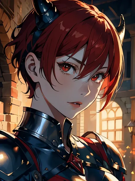 ((masterpiece, best quality)), (1girl, anime girl in medieval city),(mature, devil horn), (solo), (female focus), (red hair, short hair),red eyes, ((scaled armor)), pale skin, evil, vicious, portraits, close up, upper body, vibrant colors, soft lighting