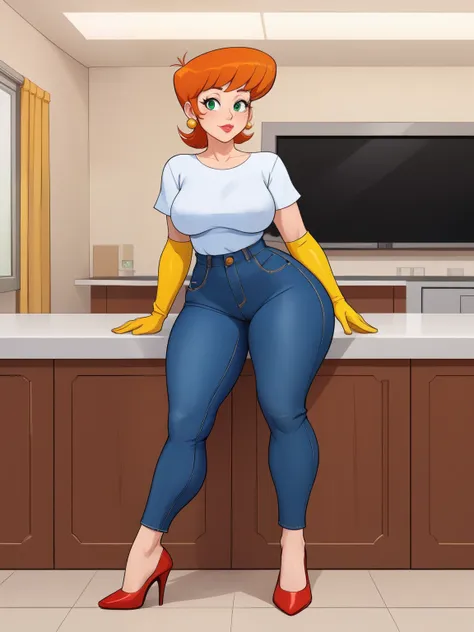 dexter's mom.  short hair style . ginger.  green eyes. small, saggy breasts . huge hips. yellow gloves. shirt. jeans. heels. caf...