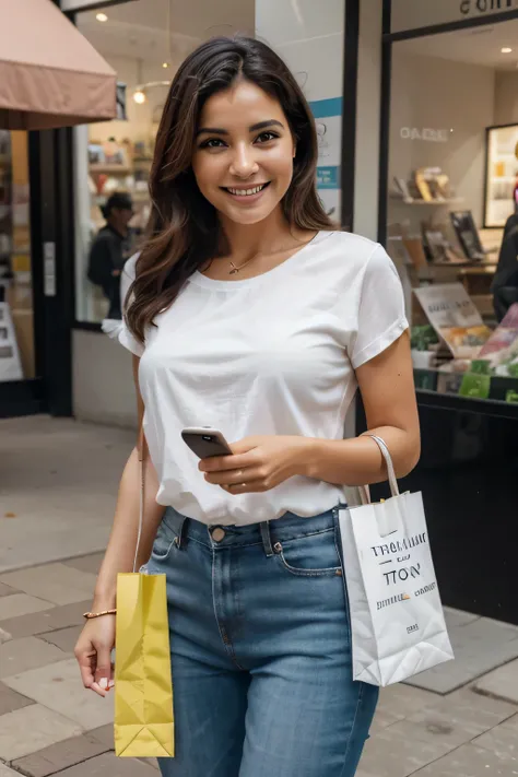 A beautiful woman holds a shopping bag and a phone in front of her, frontal,  smiling, paul pepera pablo roldan, real image, super realistic, A day of peace ,  real photo, real image, real photoista, marketing, ultra realistic, banner ecommerce store ,