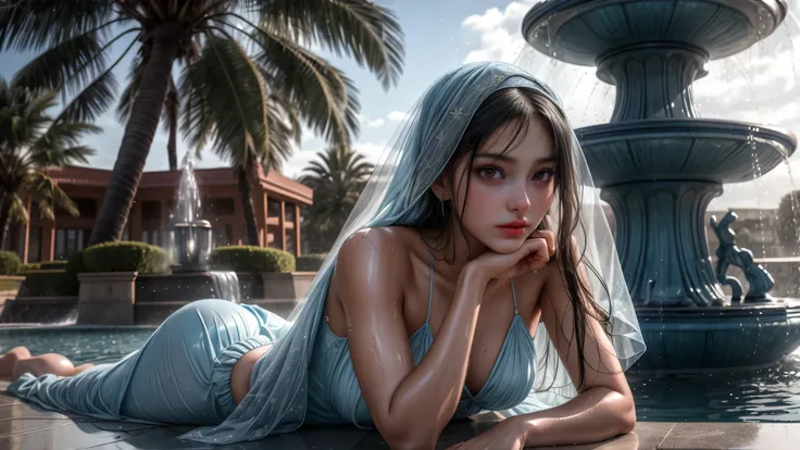 ((lying in front of a fountain)),,(girl hiding with a wet light blue veil)、(best qualtiy)),((superior quality, 8k, tmasterpiece:...