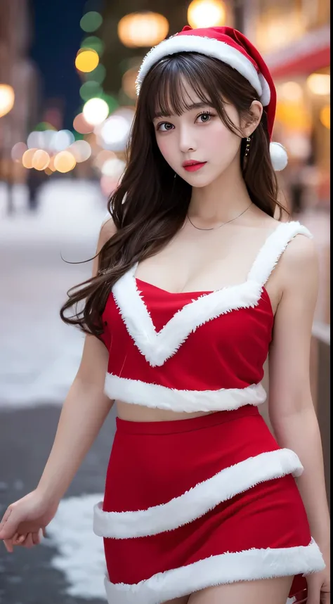 masterpiece, Best Quality, shape, Very   Details,   Details, Highest resolution 8k wallpapers,  perfect dynamic configuration ,  beautiful detail,   natural lips, Santa Claus Outfits, mini skirt
 , whole body, Snowy Night Town ,  Christmas， G-string， stari...