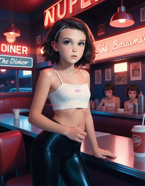 a young millie bobby brown, revealing skimpy cotton pale crop-top and tight shiny black leggings, working in a diner in the 1980...