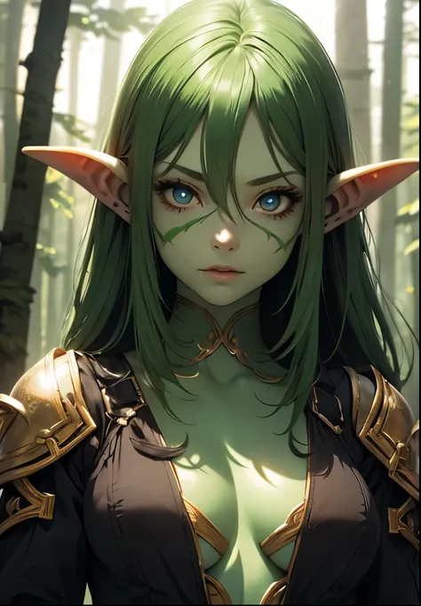 Goblin Girl, green skin, beautiful face, sexy facial expression, Body glare, ((pretty eyes)), adventurer outfit, medieval fantasy forest, Depth of field, ((ultra quality)), ((masterpiece)), clear image, crisp details, Realistic, Professional Photo Session,...