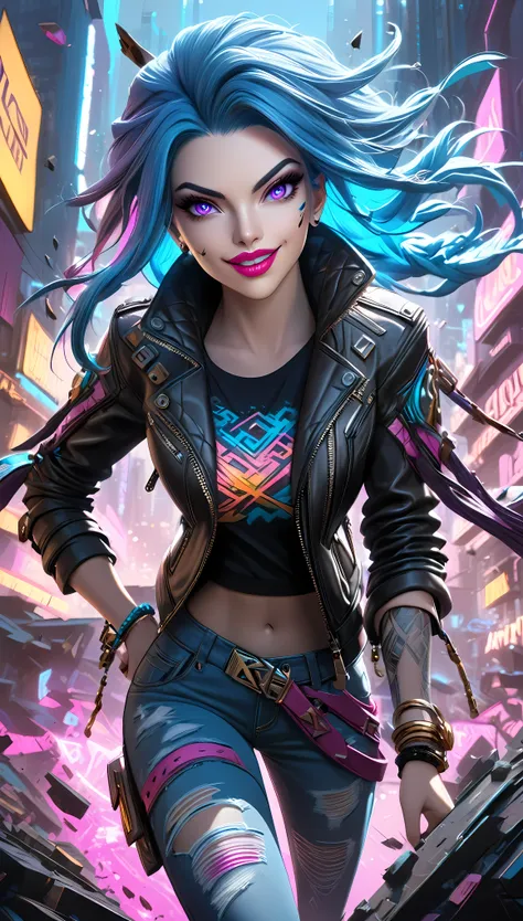 jinx, league of legends, awaken character, beautiful detailed eyes, beautiful detailed lips, extremely detailed eyes and face, long eyelashes, blue hair, pink eyes, leather jacket, ripped jeans, high heels, smirking expression, confident pose, floating debris, neon city background, cyberpunk style, moody lighting, dynamic composition, hyper-detailed, 8k, photorealistic, masterpiece