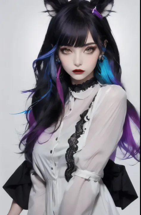 , (masterpiece:1.2), best quality,midjourney,
1girl, solo, long hair, white hair, looking at viewer, long sleeves, black dress, dress, own hands together, ahoge, very long hair, shirt, bangs, red hair, hair ornament, heterochromia, multicolored hair, point...