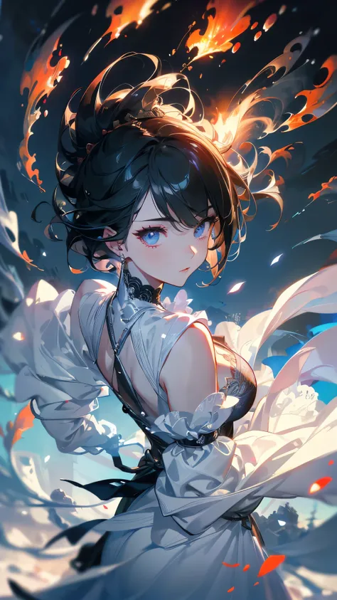  A woman standing on the battlefield， Epic fighting atmosphere ，Sea of fireworks，Silver Bell Bing Xin ，magician，Magic Circle， Falling Petals， Detailed facial features ， Perfect body proportions ， in the snowy mountains，Stylish short hair， Beautiful Eyes ，F...