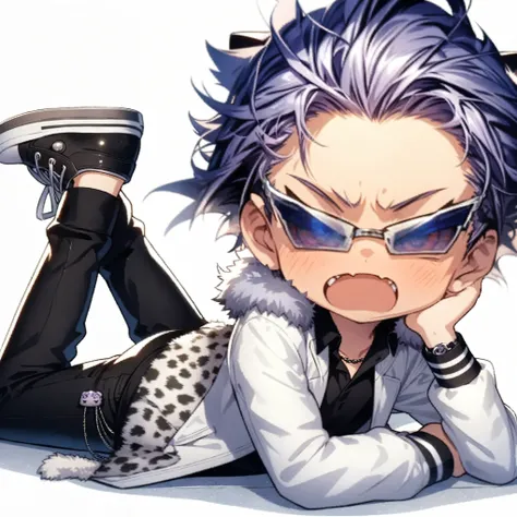 Anime illustration of a boy in black pants, anime character, white fur and white leopard print coat, chibi character, all back, purple hair, big sharp eyes, relaxing with his elbows on the floor. masterpiece, best quality, extremely detailed CG unity 8k wa...