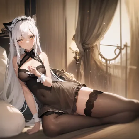 anime,chocolate dark-skinned female,cat ears wearing a lingerie, Eye color is amber ,Background inside the mansion,The composition is stylish. A close-up, low-angle view of a young maid kneeling on the floor, looking directly into the camera with a soft, c...