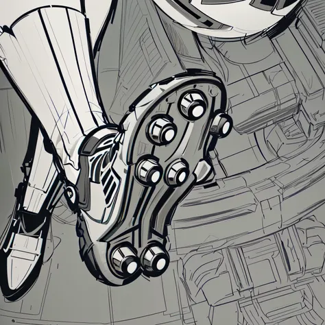 Close up view of a players foot and ball, detailed shot legs-up, detailed close foot shot, concept illustration, detailed foot shot, giant foot, line work concept art, concept piece, hyper detail illustration, beautiful inking, stylized linework, soccer co...