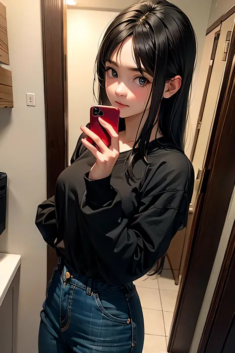 19 years girl, black hair, realistic , in front of mirror , capture with mirror, clear, no errors , sharp photo, no finger error, with apple pone