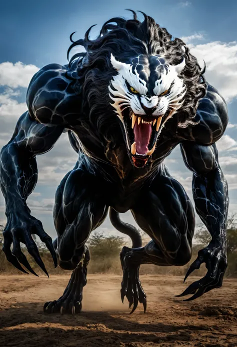 Venom + Lion. Venom And Lion Physically Combined And A New Hybrid Animal Formed. Lions face, Venoms Big White Eyes And Mouth, Venoms Black Hands From Hairs, Full Body