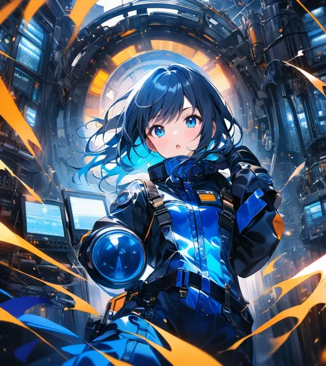 Girl wearing gloves in a blue enamel shiny boiler suit,The background is complex and precise machinery and equipment、 control panel 