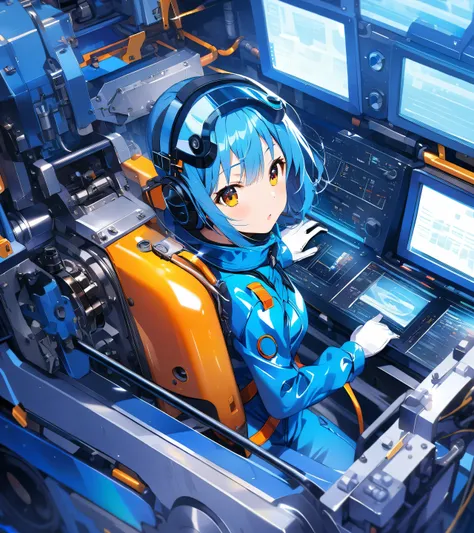 Girl wearing gloves in a blue enamel shiny boiler suit,The background is complex and precise machinery and equipment、 control panel 