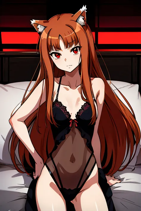 holo,  wearing sexy body lingerie,  red eyes .