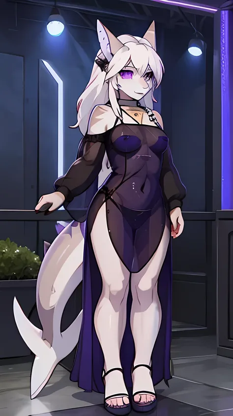 Woman, long white hair, purple  eyes,   shark like tail, wearing a native  see through dress. 