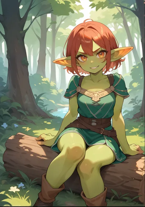 Goblin Girl, green skin, beautiful face, alluring smile , Body glare, pretty eyes, adventurer outfit, sitting on a wood log, medieval fantasy forest,