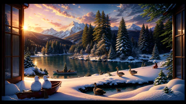 beautiful winter scene, thomas kinkade, mountain lake with an old log cabin in the clearing, campfire in front of the cabin, sno...