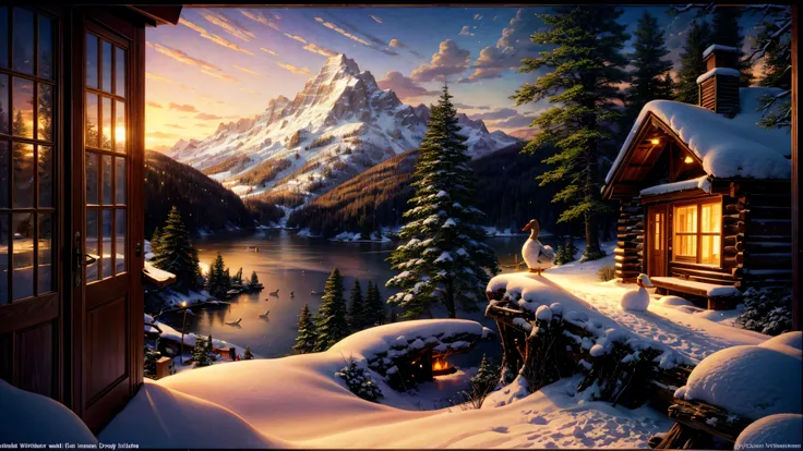 beautiful winter scene, thomas kinkade, mountain lake with an old log cabin in the clearing, campfire in front of the cabin, sno...