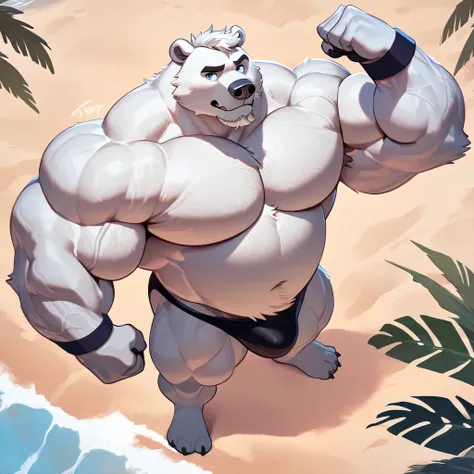 huge muscular polar bear in beach, big hulking flex, grunting noise, polar bear, huge white fur, thick arm, huge arm, added thigk colored gray mustache, added thick colored grey beard. Short white hair, strong jaw, (veiny muscular, pectoral, wide pectoral,...