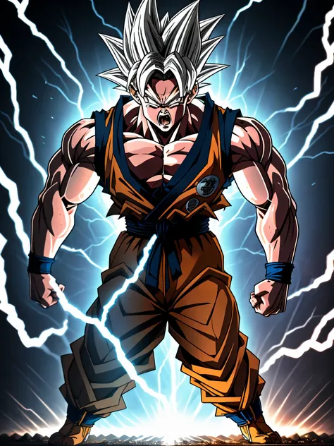 a powerful super saiyan son goku, detailed muscular body, intense fierce expression, spiked hair, penetrating eyes, epic dynamic...