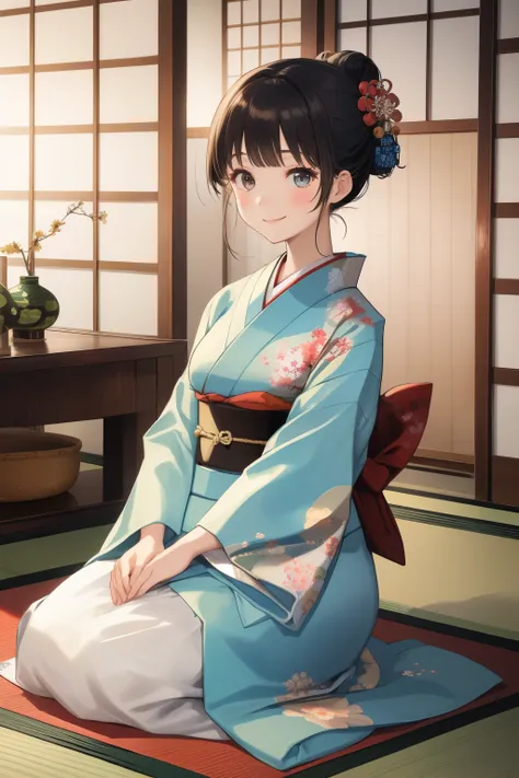  score_9,  score_8_up,  score_7_up,  score_6,  score_5_up,  score_4_upanime break， Its a quiet traditional Japanese-style room with tatami mats and shoji doors 、 soft light shines in .  A woman wearing a beautifully patterned kimono and obi is gently holdi...