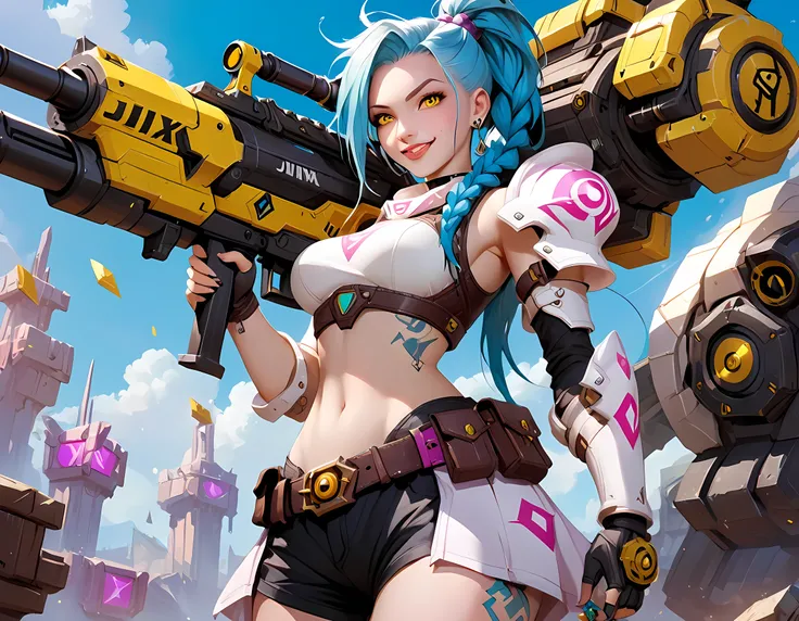 score_9, score_8_up, score_7, a picture of JInx from League Of Legends in a white mech armor holding a massive gun with yellow runes on it, anime