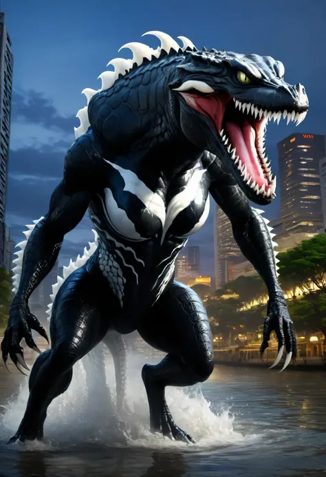 Venom + Crocodile. Venom And Crocodile Physically Combined And A New Hybrid Animal Formed. Crocodiles Body, Venoms Big White Eyes, Venoms Mouth, Venoms Black Hands, White Lines, Full Body, Side View