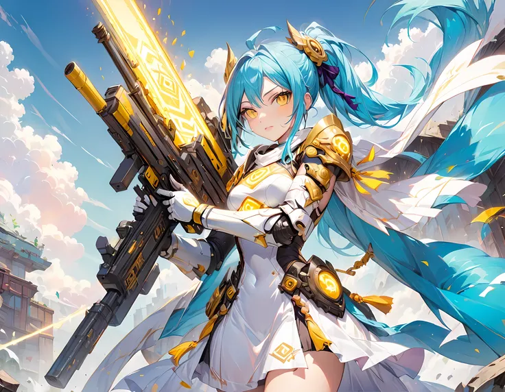 score_9, score_8_up, score_7, a picture of JInx from League Of Legends in a white mech armor holding a massive gun with yellow runes on it, anime