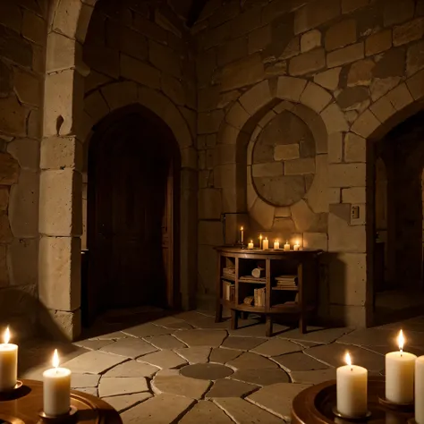  stone room with a circular shape, with a light window , and candles, medieval style. close up shot. 