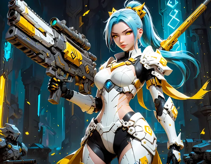 score_9, score_8_up, score_7, a picture of JInx from League Of Legends in a white mech armor holding a massive gun with yellow runes on it, anime