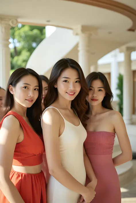 real, High-detail photo, (realism:1.5), ( highest quality:1.5), Sexy Japanese Woman, A group of women in stylish , colour-coordinated outfits together in A luxurious, modern villa . The main character wears an elegant , figure-flattering dress and stan...