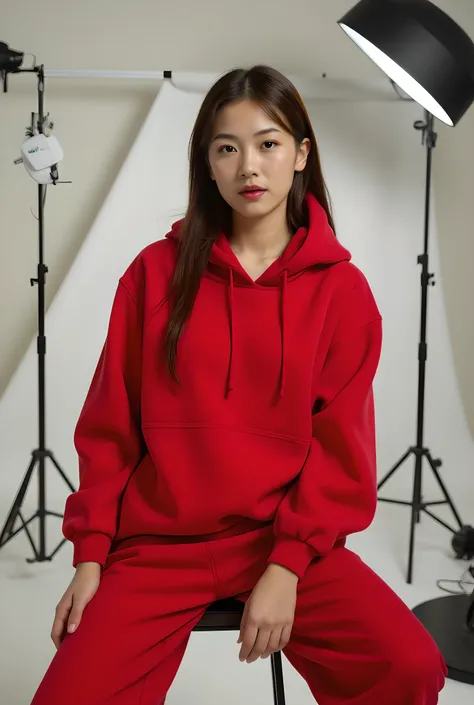 real, High-detail photo, (realism:1.5), ( highest quality:1.5), Sexy Japanese Woman, A stylish woman poses in an eye-catching , red designer outfit with a hood , that she has pulled loosely over her head . She sits on a minimalist studio stool , surro...