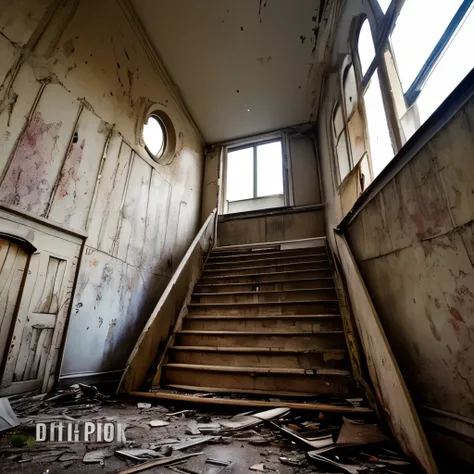 there is a large room with a staircase and a balcony, an abandoned, urban exploration, inside a grand, urbex, abandoned spaces, abandoned hospital, abandoned asylum, urbex photography, interior abandoned hospital, abandoned places, “derelict architecture b...