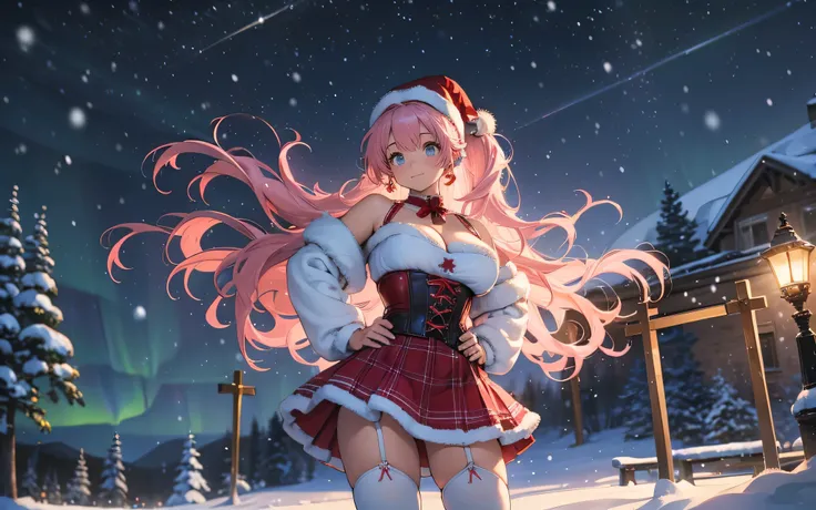 a beautiful young magical girl with extremely large breasts, big cleavage, tight red lace-up corset, red plaid skirt with white faux fur hem, red santa hat with small bell at the end and white faux fur rim, white tight high stockings with lace top, thigh-h...