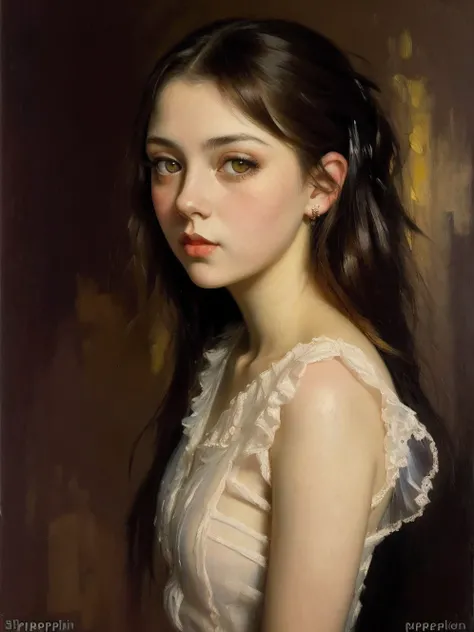 [front portrait] [black studio] 1 Young dreamy girl with big eyes and short red hair ((ilya repin style)), (( oil painting )), A very colorful  ,  highest detail, ((masterpiece)),
 ((Single shot)), impression, perspective, 8 k