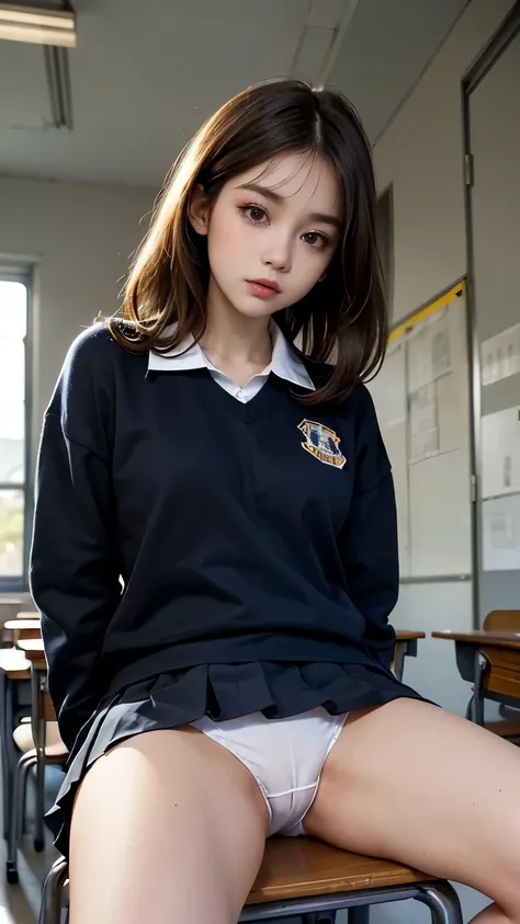 1 female、(european:1.2)、(blonde:1.1)、(super beautiful)、(beautiful face:1.5)、(adult face)、18 year old high school girl、(white panties:1.2)、spread your legs to the side、(high school uniform)、(navy pleated skirt:1.2)、school sweater、brown hair、wearing makeup、c...