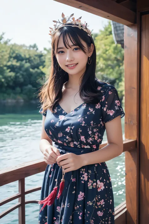 A joyful young woman stands on the deck of a ship decorated with colorful flowers as the sun rises over the horizon. The air is filled with flower petals drifting on a gentle breeze, and the sails are painted with bright patterns that reflect the morning l...