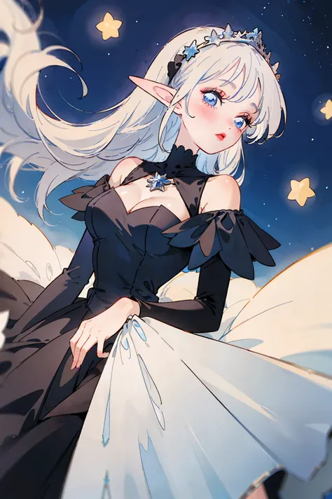 NSFW Fantasy, elf, girl, long white hair, pale skin, blue eyes, in a black off-the-shoulder dress, lush breasts, stars, magic, face looks like Florence Pugh, hd