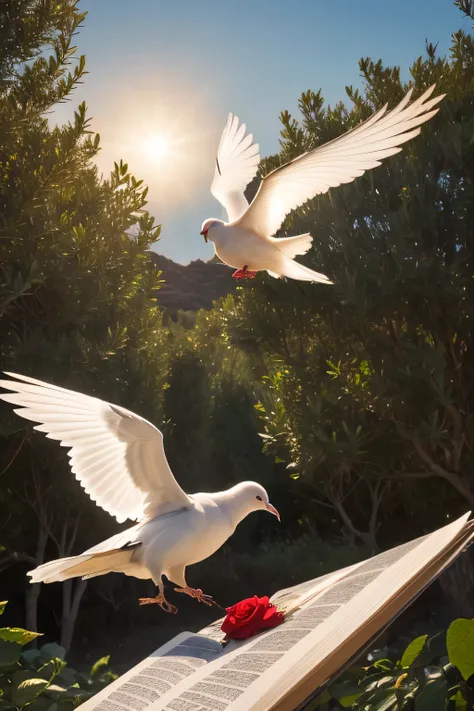 White dove with a red rose and olive groves on its beak descends from the illuminated sky, the sun crosses its wings and brings a scroll with the word of God...