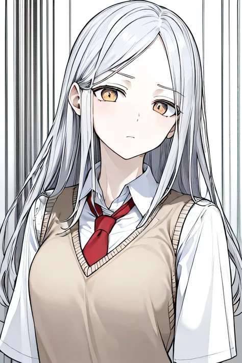 ​masterpiece, top-quality, 1girl in, Uniforms, red tie, cream sweater vest, pale blue shirt, A serious face,  A silver long-haired, golden eyes