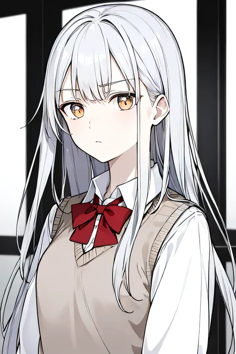 ​masterpiece, top-quality, 1girl in, Uniforms, red tie, cream sweater vest, pale blue shirt, A serious face,  A silver long-haired, golden eyes