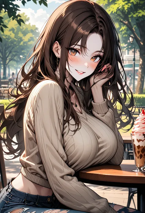 solo, female, long hair, dark brown hair, pale skin, brown eyes, side tail hair, huge breasts, midriff, sweater, torn jeans, close up, smile, teasing, jewelry, day, park, curvaceous, gyaru, cafe table, slight blush, icecream in cup, playing with rim of gla...