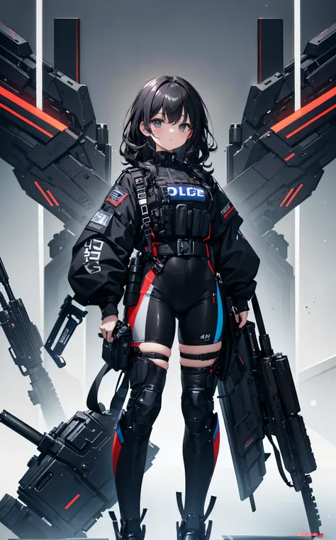 1 girl、highest quality、masterpiece、4K、Highest image quality、whole body、slightly wavy hair、waist-length black hair、black eyes、wearing black racing suit likes police uniform, black and grey mecha, wearing military harness、put one&#39;s hand in one&#39;s pock...