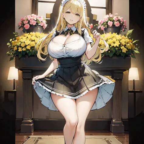 blonde hair, very huge  tits , ((maid uniform, long skirt)), thick, busty, ((yellow eyes)),upperbody, smile, cleavage, legs, lon...