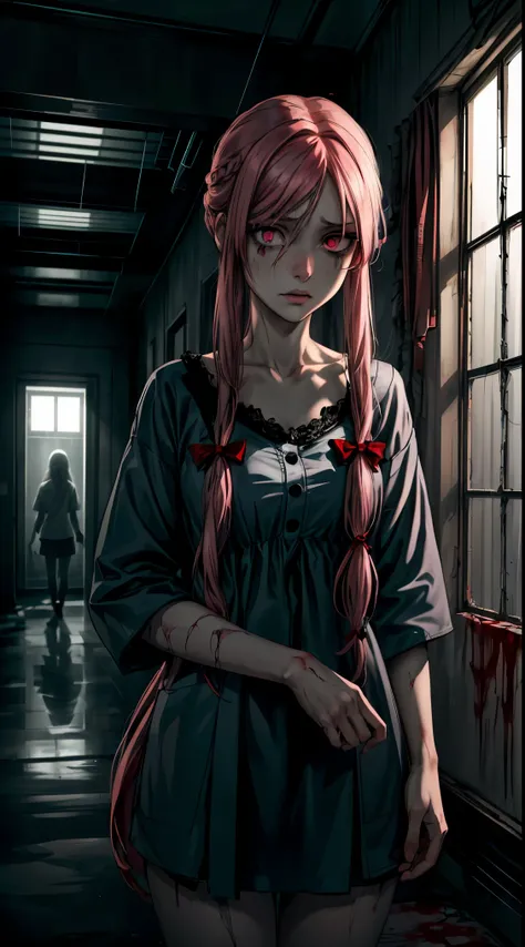 ( girl with long pink hair and bright red eyes),( Beautiful detailed eyes , beautiful detailed lips ,very detailed eyes and face, long lashes),(medium: manga),( in a gloomy psychiatric hospital ),( barred windows ,  disappearing wallpaper , flickering ligh...