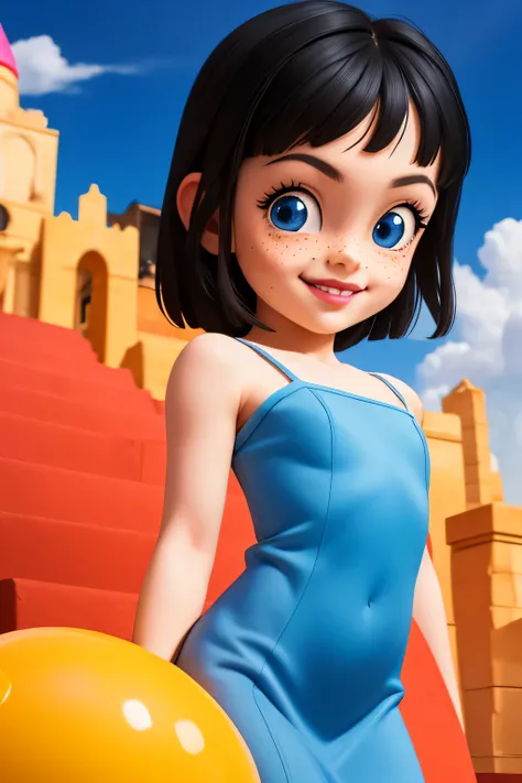 6year old princess, freckles, blue dress, blue eyes, black hair, french, big lips, tiny body, crazy smile, flat chest,