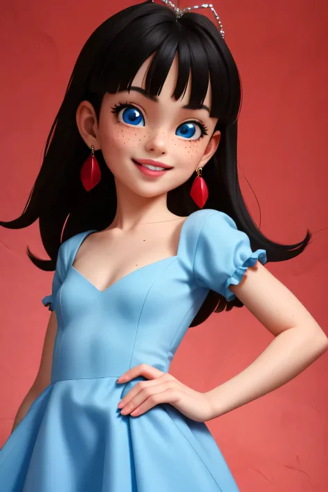 6year old princess, freckles, blue dress, blue eyes, black hair, french, big lips, tiny body, crazy smile, flat chest, cleavage,