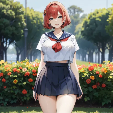 red hair, very huge tits, ((sailor uniform,  short skirt)), thick, busty, red eyes,  bob hair, upperbody, smile, legs, thigh, flower background