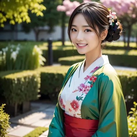 (((garden:1.3, outdoor, Photographed from the front))), ((hair tied up:1.3, kimono, japanese woman, smile,cute)), (clean, natural makeup), (highest quality, masterpiece:1.3, 超High resolution), (Super detailed, caustics), (realistic:1.4, RAW shooting), very...